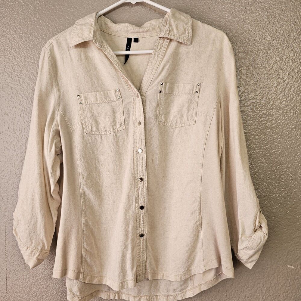 Cathy Daniels Linen Blend Button Up Shirt Women’s Size L Beige Roll Tab L504